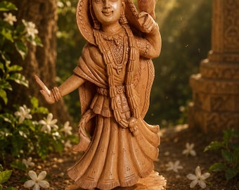 Hand-Carved Vrinda Devi Murti with Parrot | Tulsi Devi Wooden Deity | 16 cm | Radha Krishna & Shaligram Altar