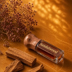 May include: A rectangular glass bottle filled with amber liquid, featuring a copper-colored cap and the word Sandalwood printed on the side. The bottle is accompanied by three pieces of textured brown wood and a sprig of small purple flowers.