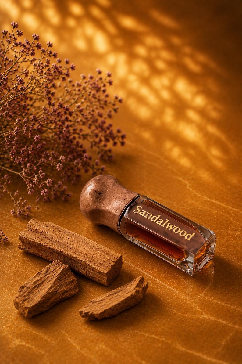 May include: A rectangular glass bottle filled with amber liquid, featuring a copper-colored cap and the word Sandalwood printed on the side. The bottle is accompanied by three pieces of textured brown wood and a sprig of small purple flowers.