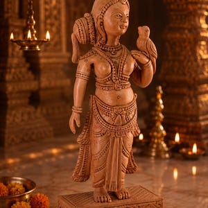Hand-Carved Vrinda Devi Murti with Parrot | Tulsi Devi Wooden Deity | 16 cm | Radha Krishna & Shaligram Worship image 4