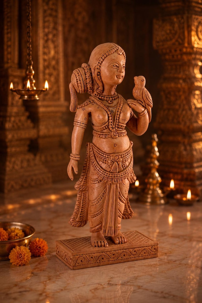 Hand-Carved Vrinda Devi Murti with Parrot | Tulsi Devi Wooden Deity | 16 cm | Radha Krishna & Shaligram Worship image 4
