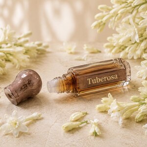 May include: A small rectangular glass rollerball perfume bottle with a metallic cap, containing amber-colored liquid and labeled with the word Tuberosa in gold lettering, surrounded by numerous white tuberose flowers on a light stone surface.