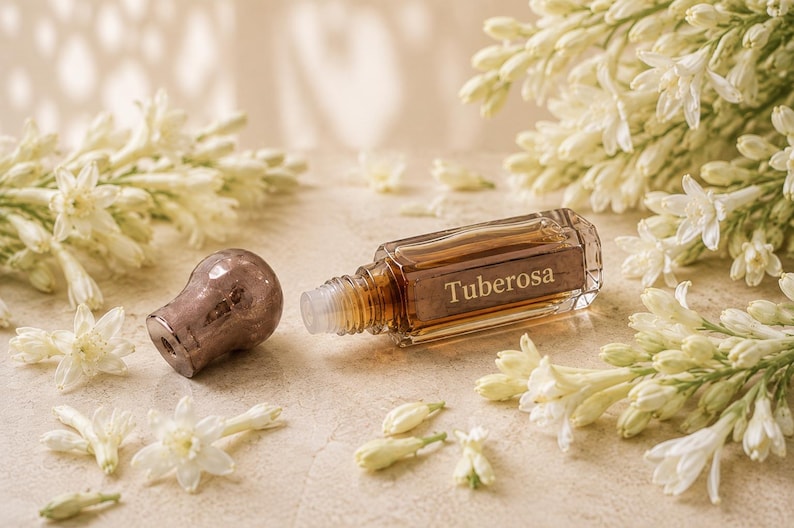 May include: A small rectangular glass rollerball perfume bottle with a metallic cap, containing amber-colored liquid and labeled with the word Tuberosa in gold lettering, surrounded by numerous white tuberose flowers on a light stone surface.