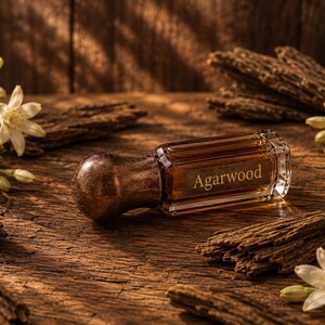 May include: A rectangular glass bottle containing dark amber liquid with a metallic cap, labeled with the word Agarwood in gold lettering, surrounded by scattered pieces of dark brown wood bark and clusters of small white flowers.