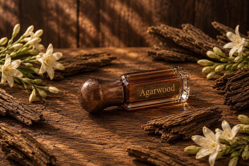May include: A rectangular glass bottle containing dark amber liquid with a metallic cap, labeled with the word Agarwood in gold lettering, surrounded by scattered pieces of dark brown wood bark and clusters of small white flowers.