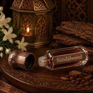 May include: A rectangular glass bottle of amber-colored oil with a metallic cap, labeled with the word Sandalwood. The bottle rests on a dark wooden tray alongside white jasmine flowers, a lit metal lantern, and scattered pieces of sandalwood bark.
