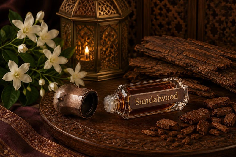 May include: A rectangular glass bottle of amber-colored oil with a metallic cap, labeled with the word Sandalwood. The bottle rests on a dark wooden tray alongside white jasmine flowers, a lit metal lantern, and scattered pieces of sandalwood bark.