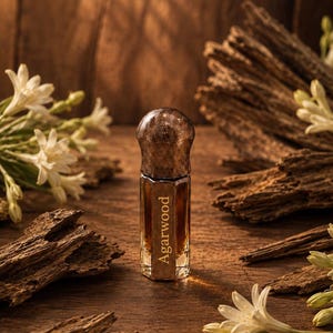 May include: A small, hexagonal glass bottle filled with dark brown liquid, featuring a metallic cap and the word Agarwood printed on the front. The bottle is surrounded by scattered pieces of textured brown wood and white floral blossoms.