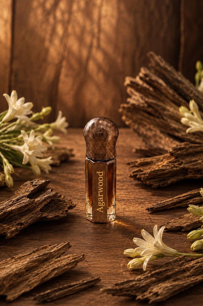 May include: A small, hexagonal glass bottle filled with dark brown liquid, featuring a metallic cap and the word Agarwood printed on the front. The bottle is surrounded by scattered pieces of textured brown wood and white floral blossoms.