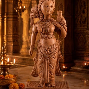 Hand-Carved Vrinda Devi Murti with Parrot | Tulsi Devi Wooden Deity | 16 cm | Radha Krishna & Shaligram Worship image 1
