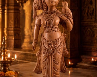Hand-Carved Vrinda Devi Murti with Parrot | Tulsi Devi Wooden Deity | 16 cm | Radha Krishna & Shaligram Worship