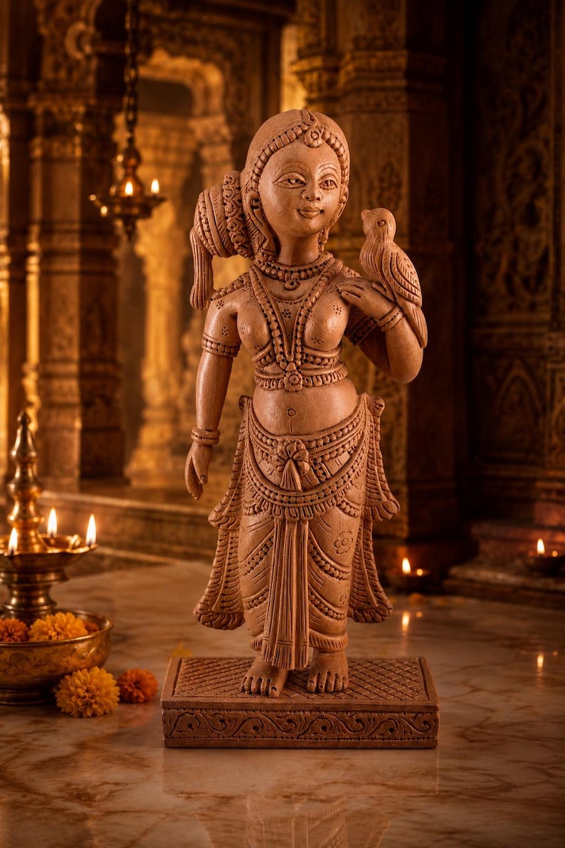 Hand-Carved Vrinda Devi Murti with Parrot | Tulsi Devi Wooden Deity | 16 cm | Radha Krishna & Shaligram Worship image 1