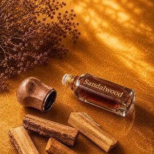 May include: A rectangular glass bottle of oil labeled Sandalwood with a metallic cap, accompanied by four small wooden sticks and a dried plant sprig. The bottle contains a dark amber liquid and features a rollerball applicator at the top.