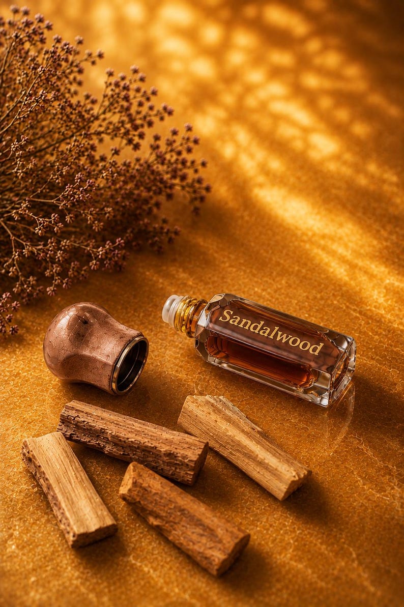 May include: A rectangular glass bottle of oil labeled Sandalwood with a metallic cap, accompanied by four small wooden sticks and a dried plant sprig. The bottle contains a dark amber liquid and features a rollerball applicator at the top.