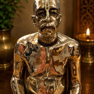May include: A polished brass statue of a seated figure with a shaved head, wearing a dark beaded necklace. The figure features white vertical markings on the forehead, chest, and abdomen, with a reflective, metallic surface and detailed facial features.