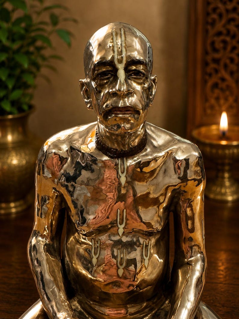 May include: A polished brass statue of a seated figure with a shaved head, wearing a dark beaded necklace. The figure features white vertical markings on the forehead, chest, and abdomen, with a reflective, metallic surface and detailed facial features.