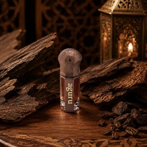 May include: A small, hexagonal glass bottle filled with a dark amber liquid, featuring a metallic cap and the word "aguru" printed in white on the front. The bottle stands upright, showcasing its clear glass construction and distinct shape.
