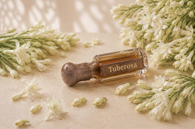 May include: A small, rectangular glass perfume bottle with a metallic, rounded cap and amber-colored liquid inside. The word Tuberosa is printed in gold lettering on the front of the bottle, which is surrounded by clusters of white tuberose flowers.