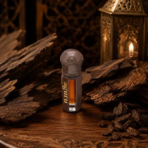 May include: A small, hexagonal glass bottle containing amber-colored liquid, featuring a metallic cap and the word "aguru" printed vertically in white on the side. The bottle has a clear glass body and a smooth, rounded metallic top.