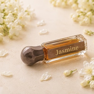 May include: A rectangular glass perfume bottle filled with amber liquid, featuring a dark metallic hammered cap and a label with the word Jasmine printed in gold. The bottle is surrounded by clusters of small white jasmine flowers.