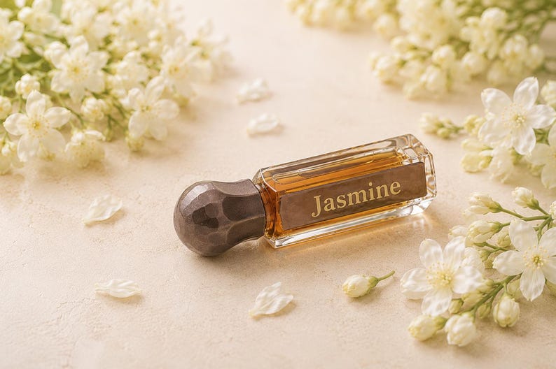 May include: A rectangular glass perfume bottle filled with amber liquid, featuring a dark metallic hammered cap and a label with the word Jasmine printed in gold. The bottle is surrounded by clusters of small white jasmine flowers.