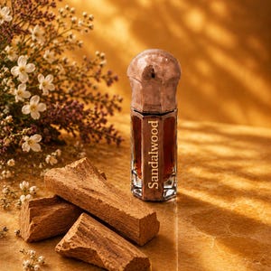 May include: A small, hexagonal glass bottle filled with dark brown liquid, featuring a metallic cap and a label with the text Sandalwood. The bottle is positioned next to three pieces of light brown wood and small white flowers.