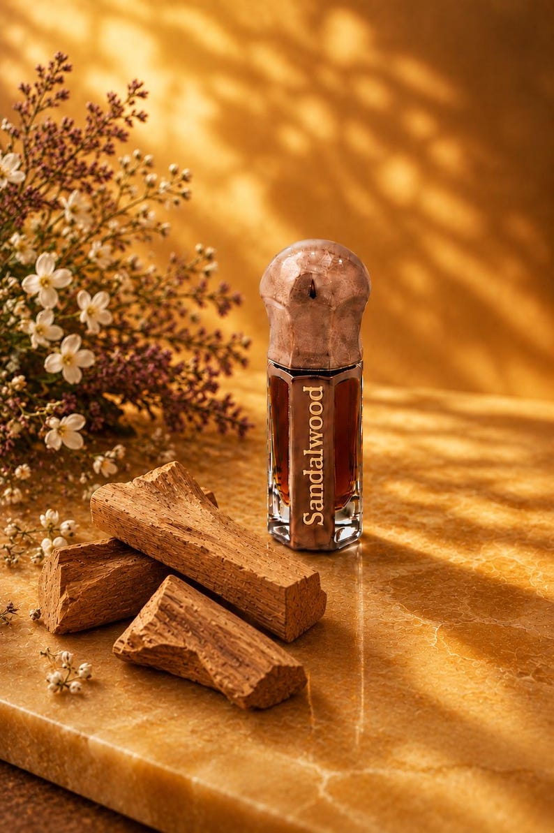 May include: A small, hexagonal glass bottle filled with dark brown liquid, featuring a metallic cap and a label with the text Sandalwood. The bottle is positioned next to three pieces of light brown wood and small white flowers.