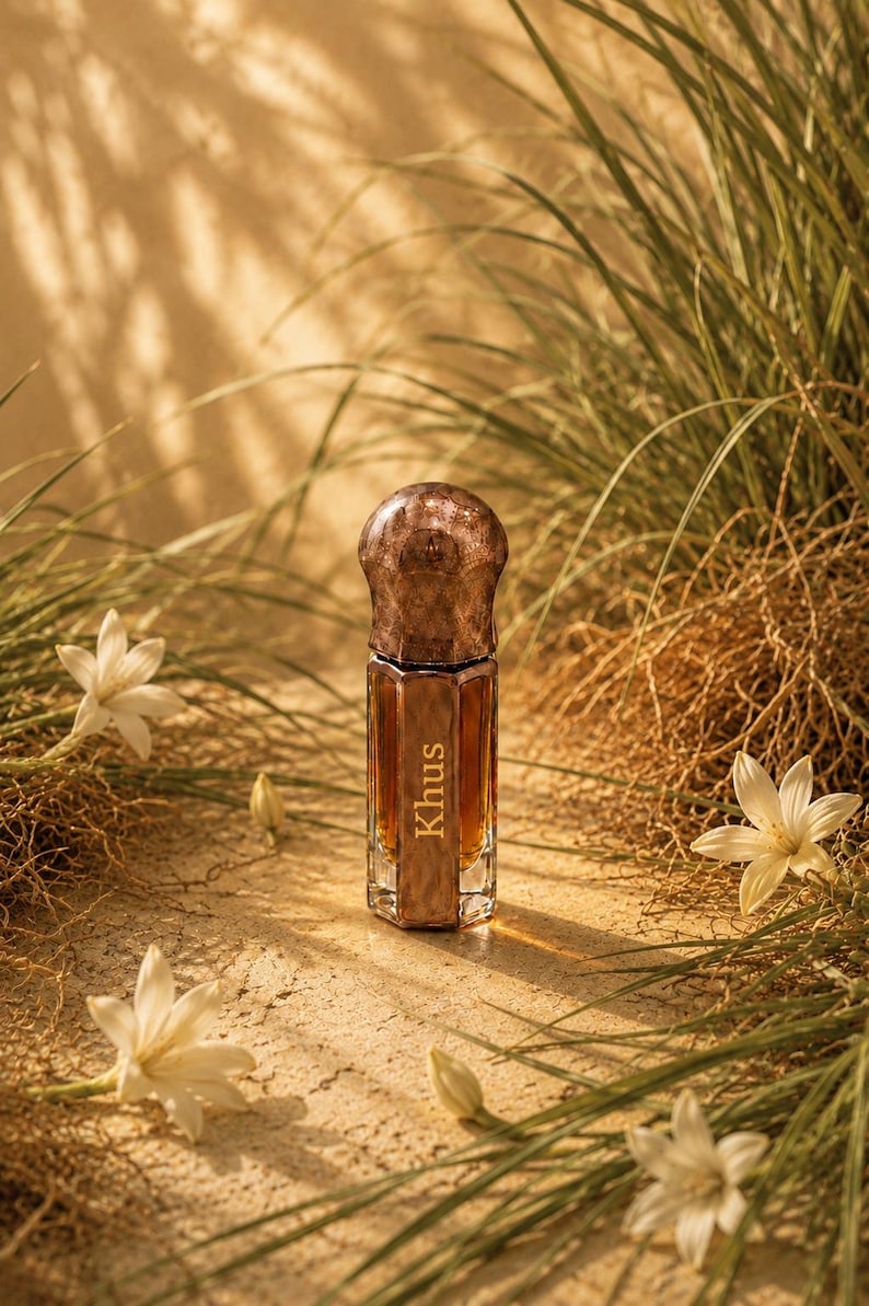 May include: A hexagonal glass perfume bottle with a dark amber liquid inside and a textured, metallic-looking cap. The word Khus is printed in white vertical lettering on the front face of the bottle, which has a clear glass base and sides.