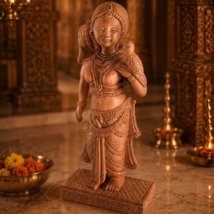 Hand-Carved Vrinda Devi Murti with Parrot | Tulsi Devi Wooden Deity | 16 cm | Radha Krishna & Shaligram Worship image 2