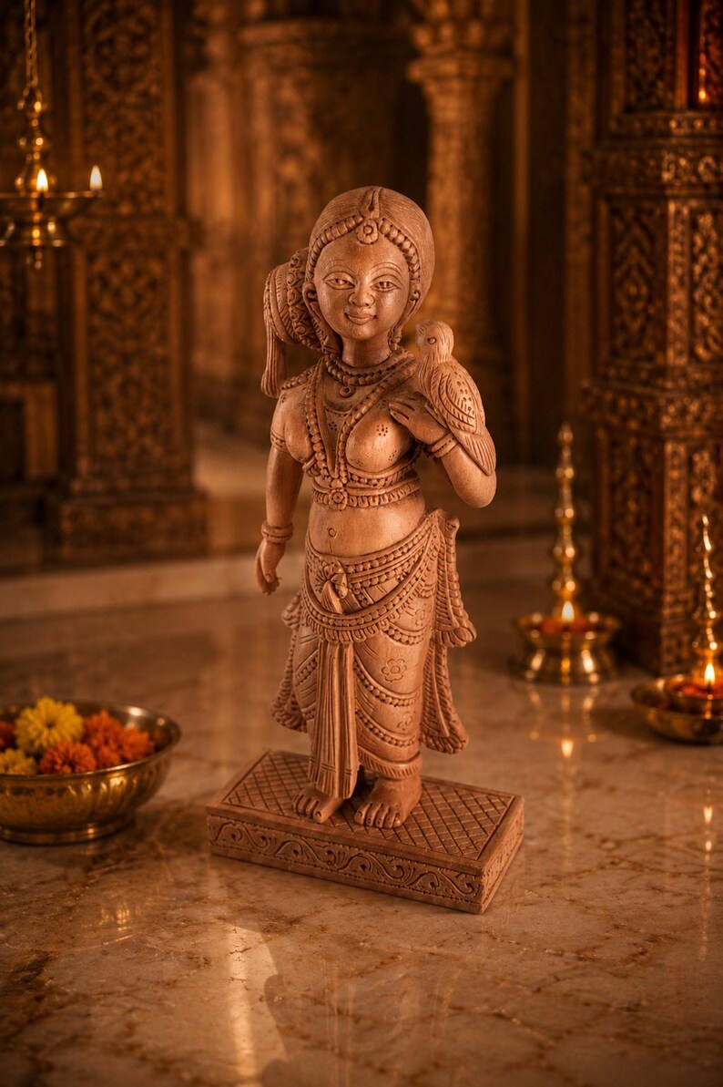 Hand-Carved Vrinda Devi Murti with Parrot | Tulsi Devi Wooden Deity | 16 cm | Radha Krishna & Shaligram Worship image 2