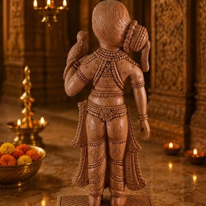 Hand-Carved Vrinda Devi Murti with Parrot | Tulsi Devi Wooden Deity | 16 cm | Radha Krishna & Shaligram Worship image 5