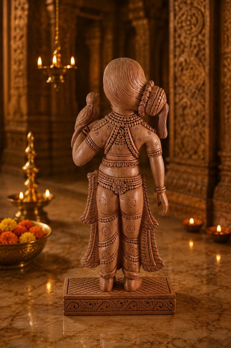 Hand-Carved Vrinda Devi Murti with Parrot | Tulsi Devi Wooden Deity | 16 cm | Radha Krishna & Shaligram Worship image 5
