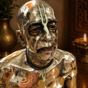 May include: A polished metallic bust of a person with a shaved head, featuring a prominent white vertical marking on the forehead and chest. The figure wears a dark beaded necklace and has detailed facial features with dark lips and eyes.