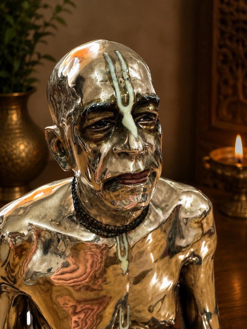 May include: A polished metallic bust of a person with a shaved head, featuring a prominent white vertical marking on the forehead and chest. The figure wears a dark beaded necklace and has detailed facial features with dark lips and eyes.