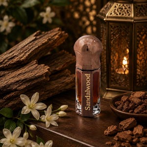 May include: A hexagonal glass bottle of Sandalwood perfume oil with a metallic cap. The amber-colored liquid is visible through the clear glass. The bottle features the word Sandalwood printed vertically in a clear, sans-serif font on the front.