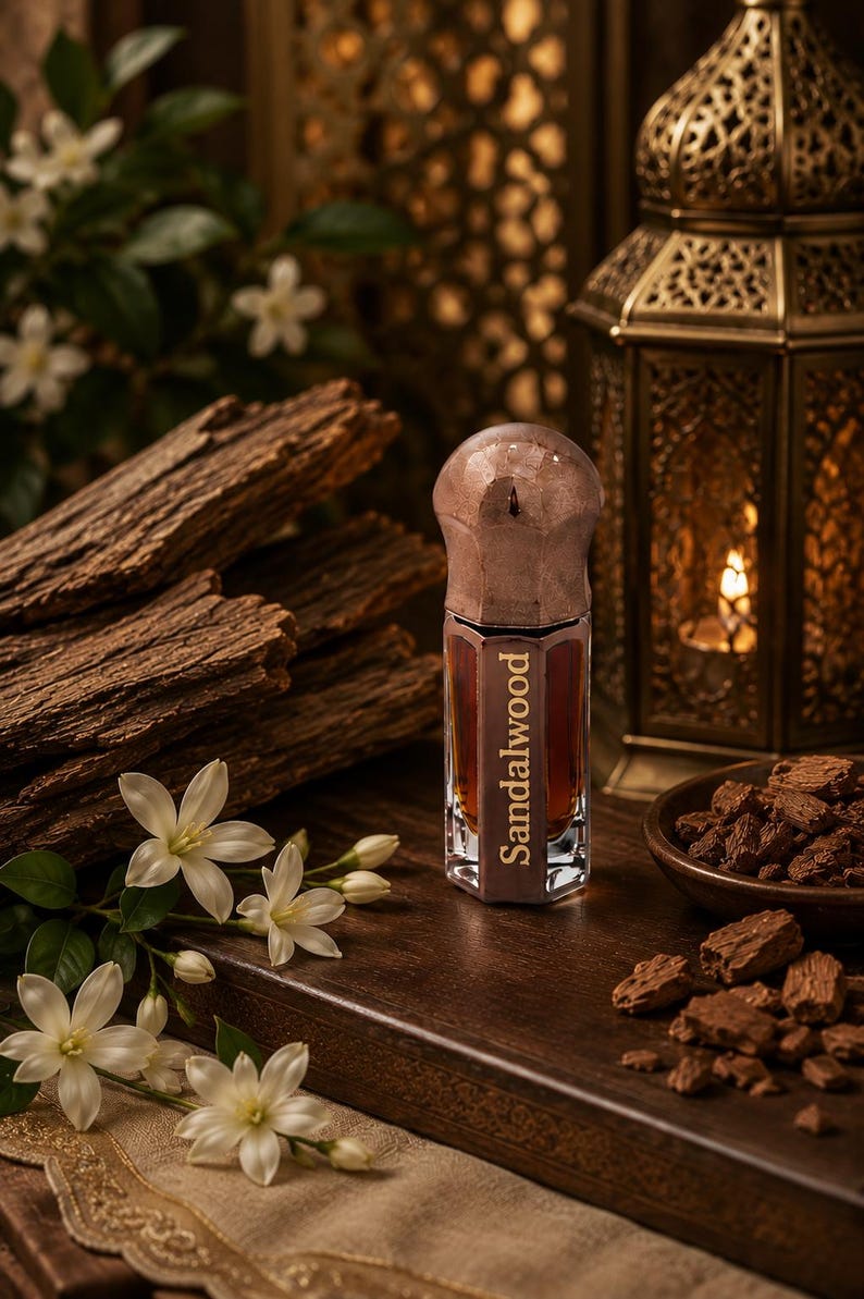 May include: A hexagonal glass bottle of Sandalwood perfume oil with a metallic cap. The amber-colored liquid is visible through the clear glass. The bottle features the word Sandalwood printed vertically in a clear, sans-serif font on the front.