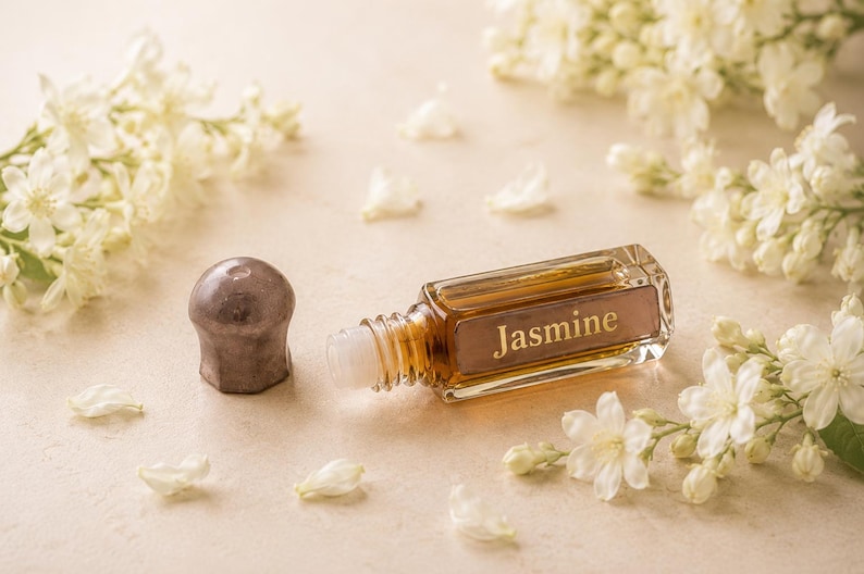 May include: A rectangular glass roller bottle filled with amber-colored liquid, featuring a metallic cap and the word Jasmine printed on the front. The bottle is positioned horizontally next to its removed cap, surrounded by small white flowers.