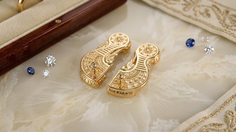 May include: Two gold-toned metal components featuring intricate engraved patterns, including floral motifs and linear textures. Each piece has a rounded top and a tapered base. Several small, loose faceted gemstones in blue and clear white are scattered nearby.