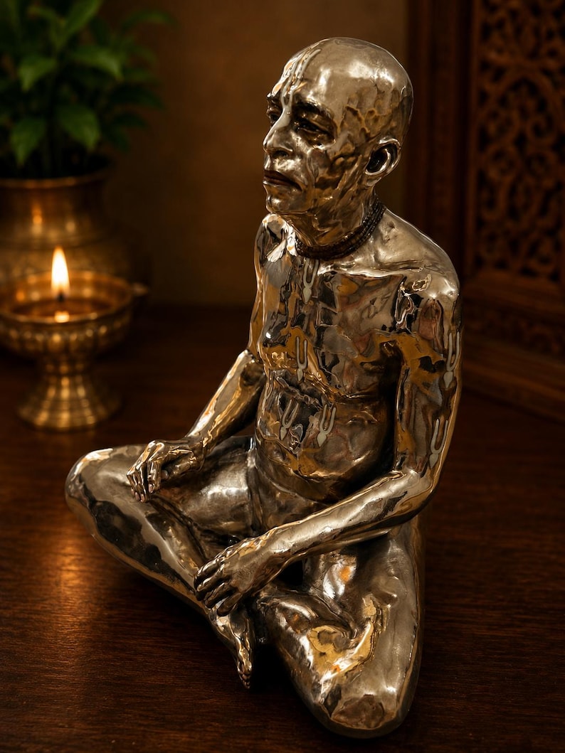 May include: A metallic silver-toned sculpture of a seated figure in a meditative pose. The figure has a shaved head, a beaded necklace, and visible markings on the forehead and chest. The surface of the sculpture has a hammered, reflective finish.