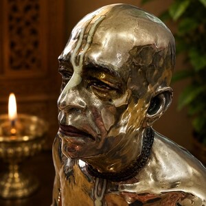 May include: A polished metallic sculpture of a person with a shaved head, featuring a vertical white mark on the forehead and a dark beaded necklace. The figure has a reflective, smooth surface with visible contours of the face, ears, and shoulders.