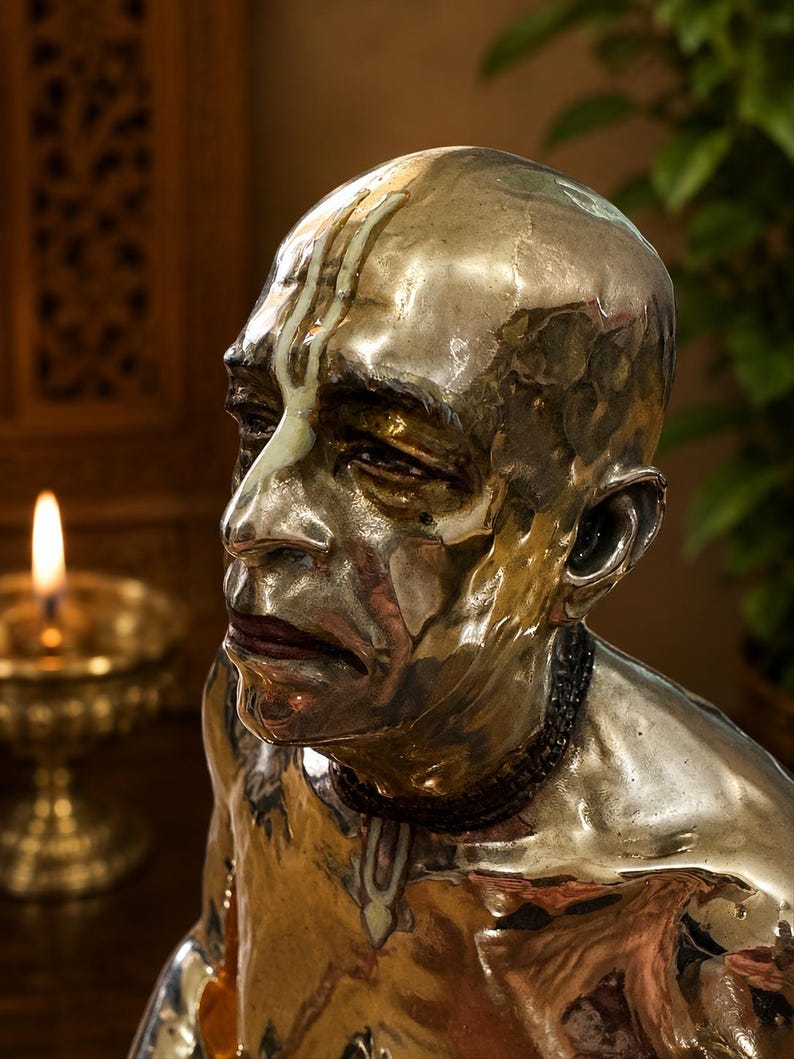 May include: A polished metallic sculpture of a person with a shaved head, featuring a vertical white mark on the forehead and a dark beaded necklace. The figure has a reflective, smooth surface with visible contours of the face, ears, and shoulders.