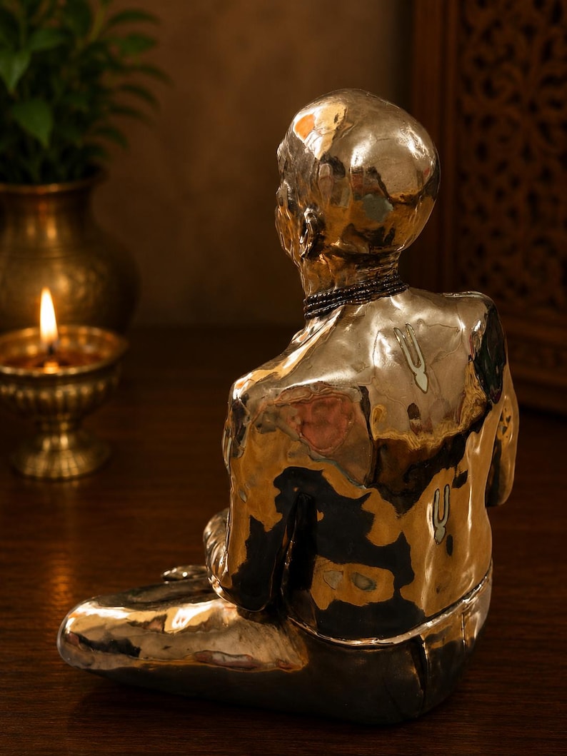 May include: A polished gold-toned metal sculpture of a seated figure viewed from behind. The figure has a smooth, bald head, a beaded necklace, and two distinct U-shaped markings on the upper back and shoulder area, reflecting light.