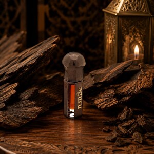 May include: A small, hexagonal glass bottle containing a dark amber liquid, featuring a metallic cap and the word aguru printed vertically on the side. The bottle is surrounded by several pieces of dark, textured wood chips on a wooden surface.