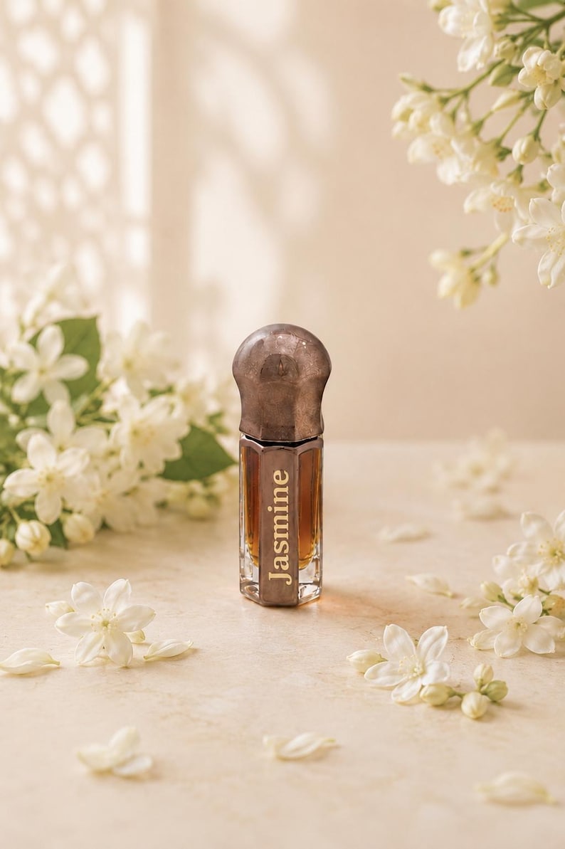 May include: A small, hexagonal glass bottle filled with amber-colored liquid, featuring a dark metallic cap and the word Jasmine printed vertically on the front side. The bottle is surrounded by white jasmine flowers and green leaves.