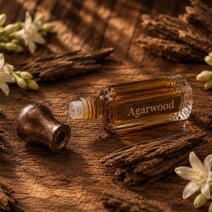 May include: A rectangular glass bottle of amber-colored oil labeled Agarwood with a detached metallic cap. The bottle is surrounded by scattered pieces of dark brown textured wood and clusters of small white flowers with green buds.