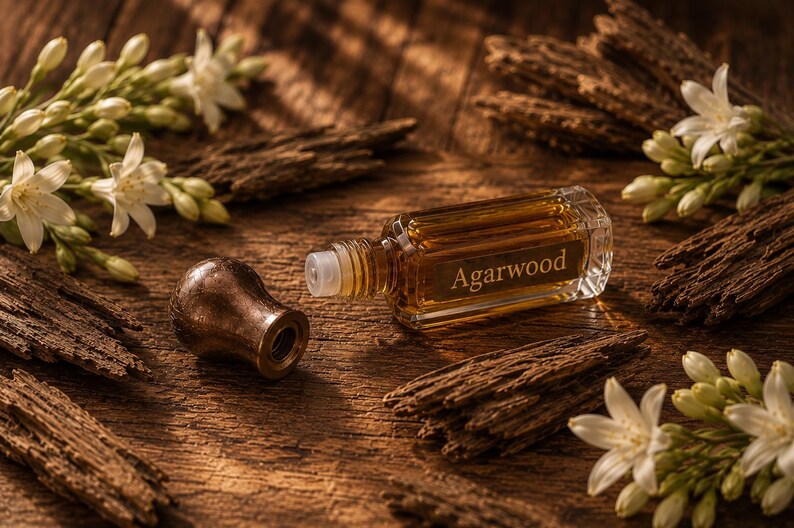 May include: A rectangular glass bottle of amber-colored oil labeled Agarwood with a detached metallic cap. The bottle is surrounded by scattered pieces of dark brown textured wood and clusters of small white flowers with green buds.