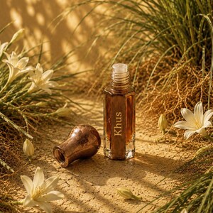 May include: A clear glass perfume bottle with a hexagonal base and a metallic cap, containing a dark amber liquid. The label on the front of the bottle features the word Khus in white text. The bottle is positioned upright with its cap lying nearby.