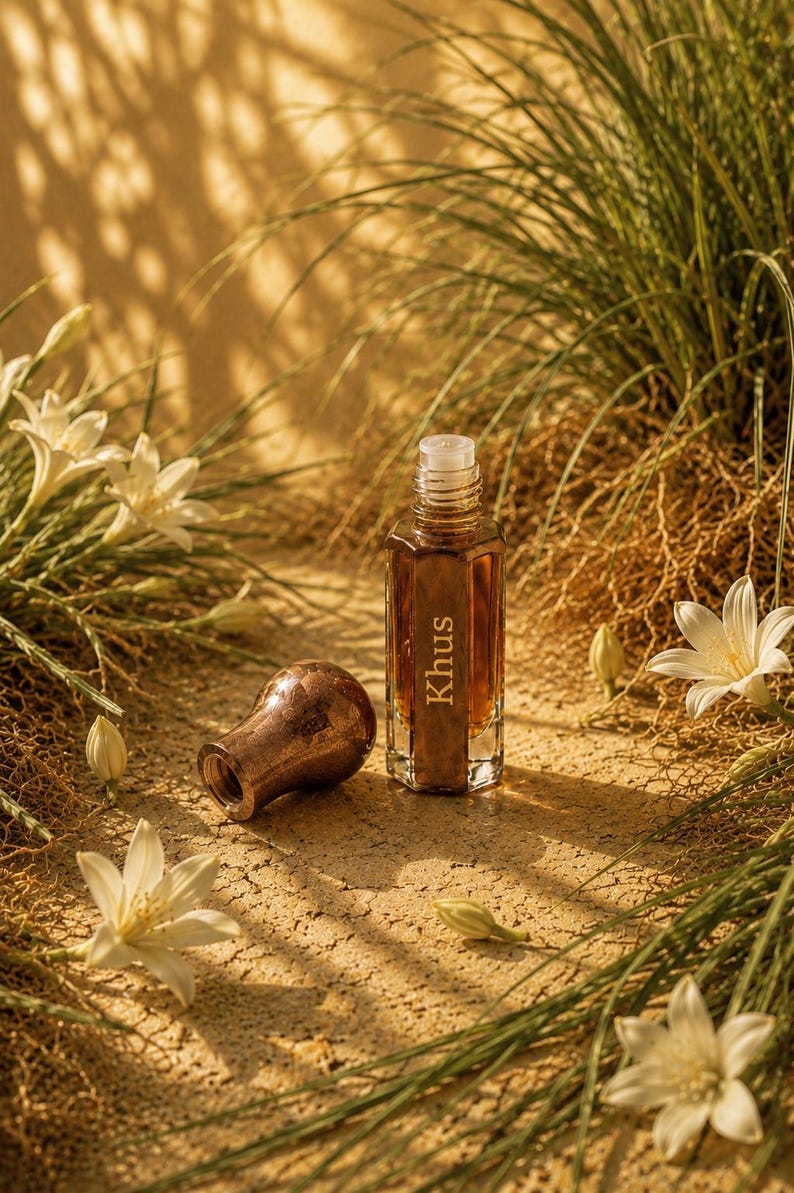 May include: A clear glass perfume bottle with a hexagonal base and a metallic cap, containing a dark amber liquid. The label on the front of the bottle features the word Khus in white text. The bottle is positioned upright with its cap lying nearby.