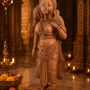 Hand-Carved Vrinda Devi Murti with Parrot | Tulsi Devi Wooden Deity | 16 cm | Radha Krishna & Shaligram Worship image 3