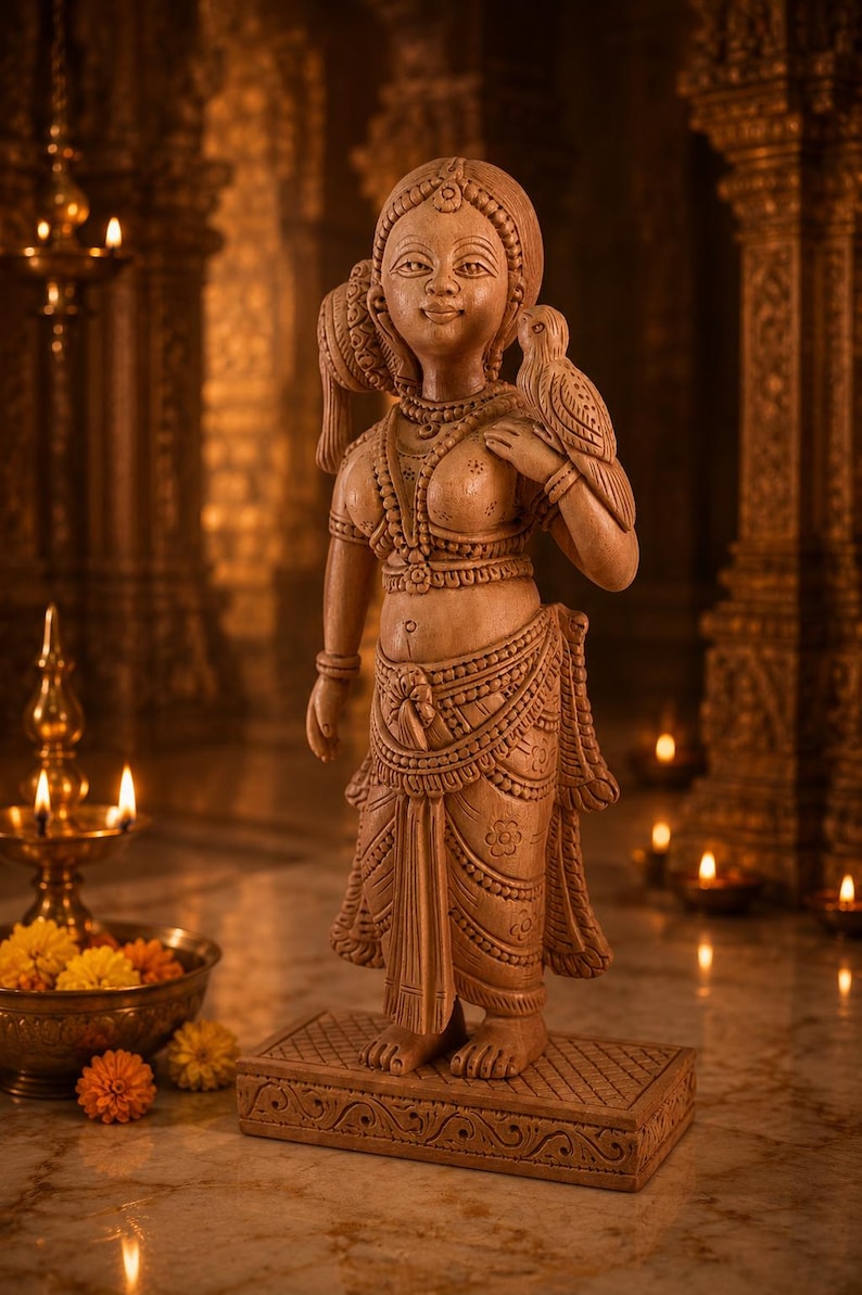 Hand-Carved Vrinda Devi Murti with Parrot | Tulsi Devi Wooden Deity | 16 cm | Radha Krishna & Shaligram Worship image 3